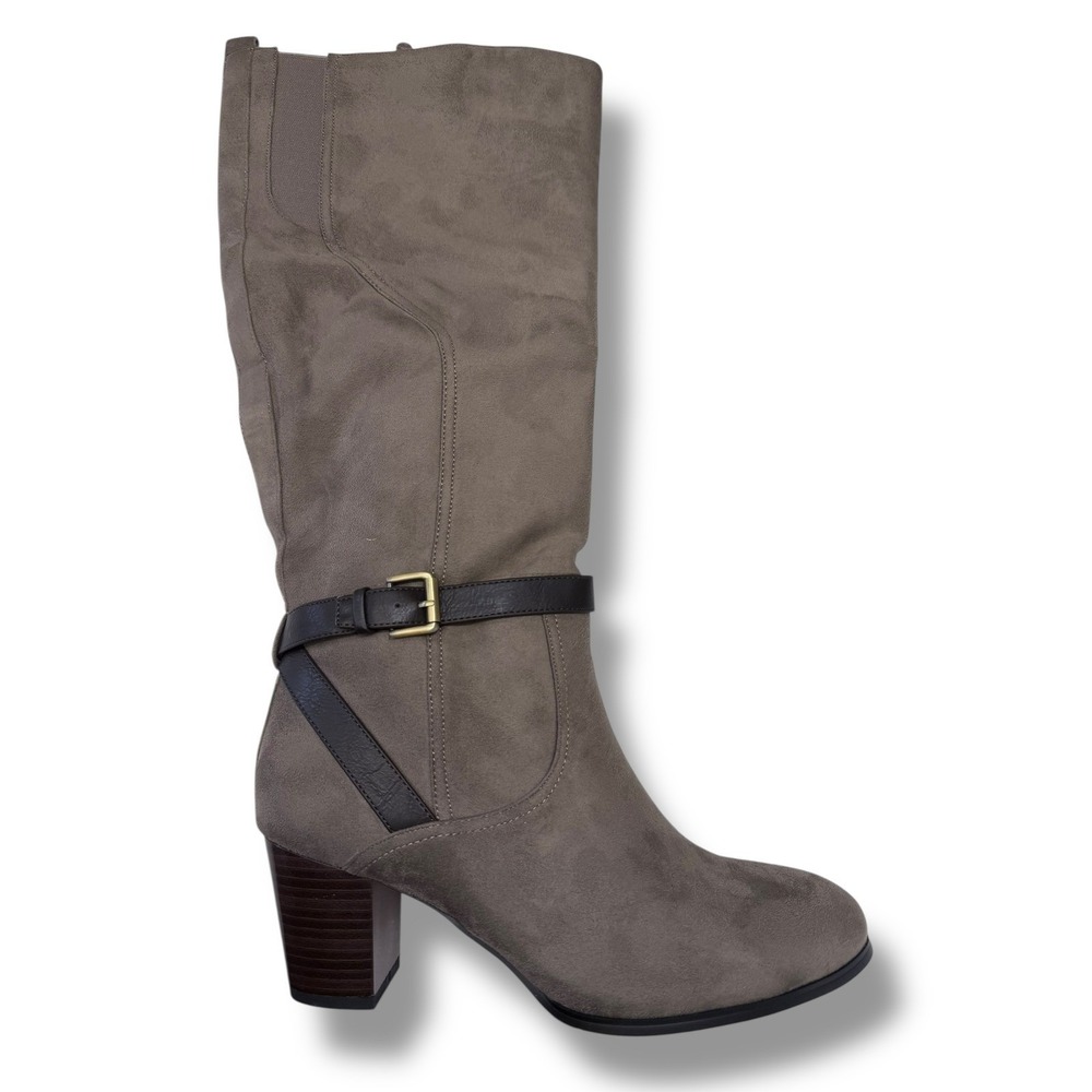MONROE & MAIN Taupe Suede Side Buckle Wide Shaft Knee High Boots Sz 10M NEW